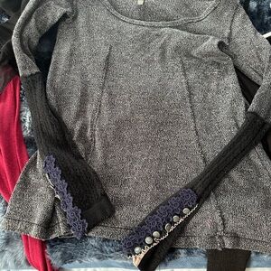 Free People Black and Gray Sweater with Lace Accents